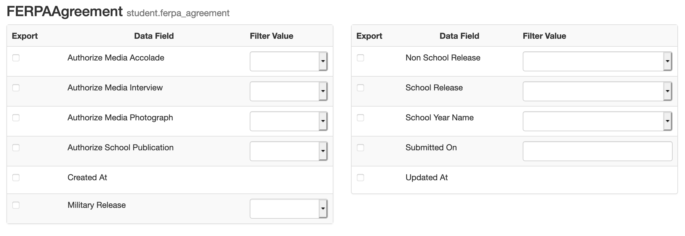 FERPA export fields
