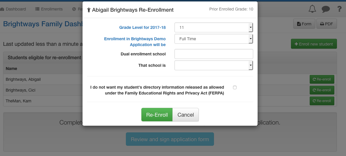 re-enroll form screenshot