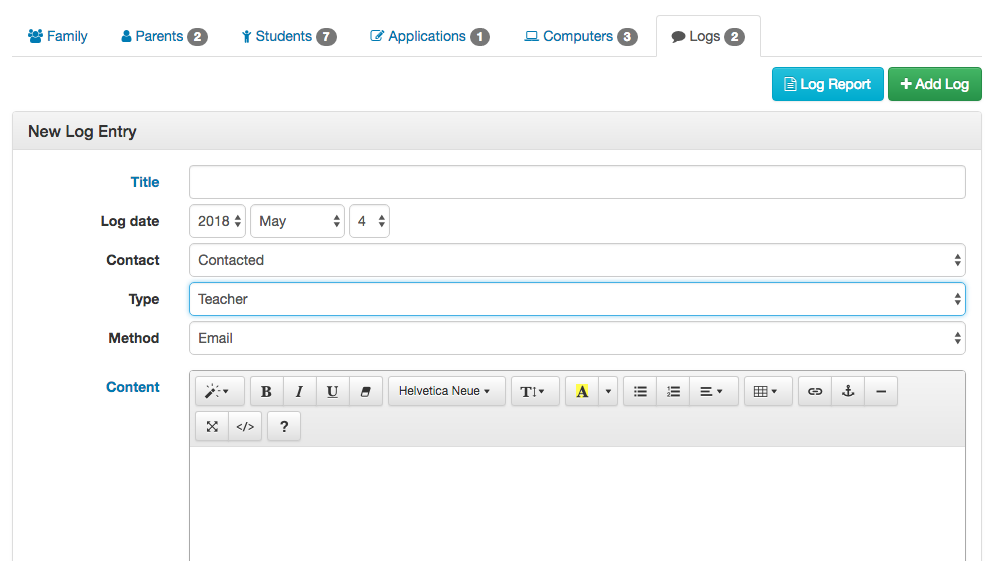 Contact log entry form