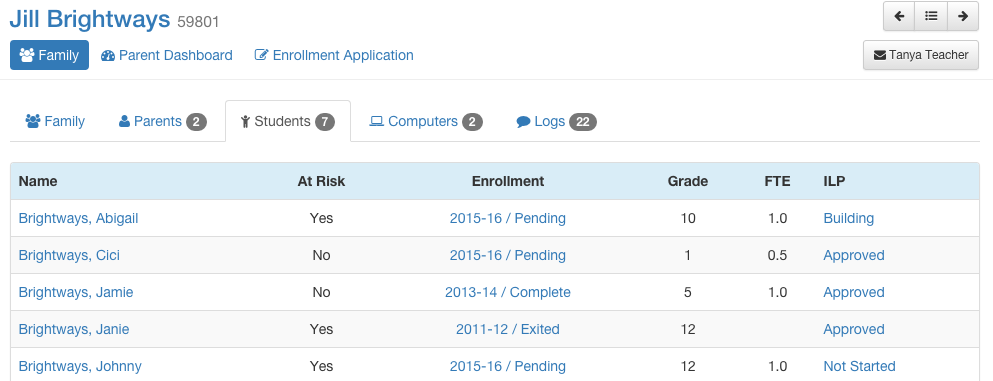 family's student list screenshot