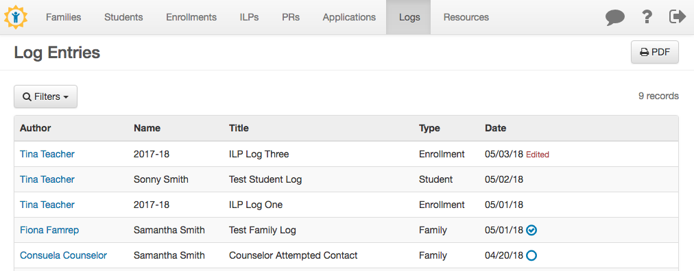 Log entries navigation tab